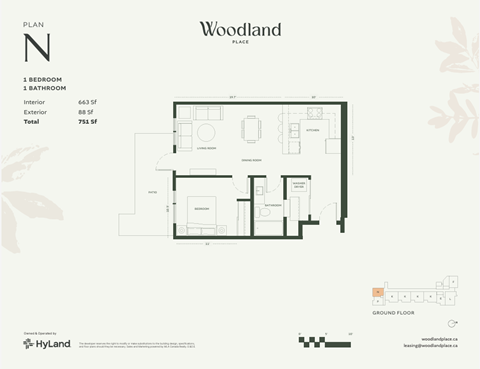 Floor plan for 1 bed, 1 bath, 663 sqft